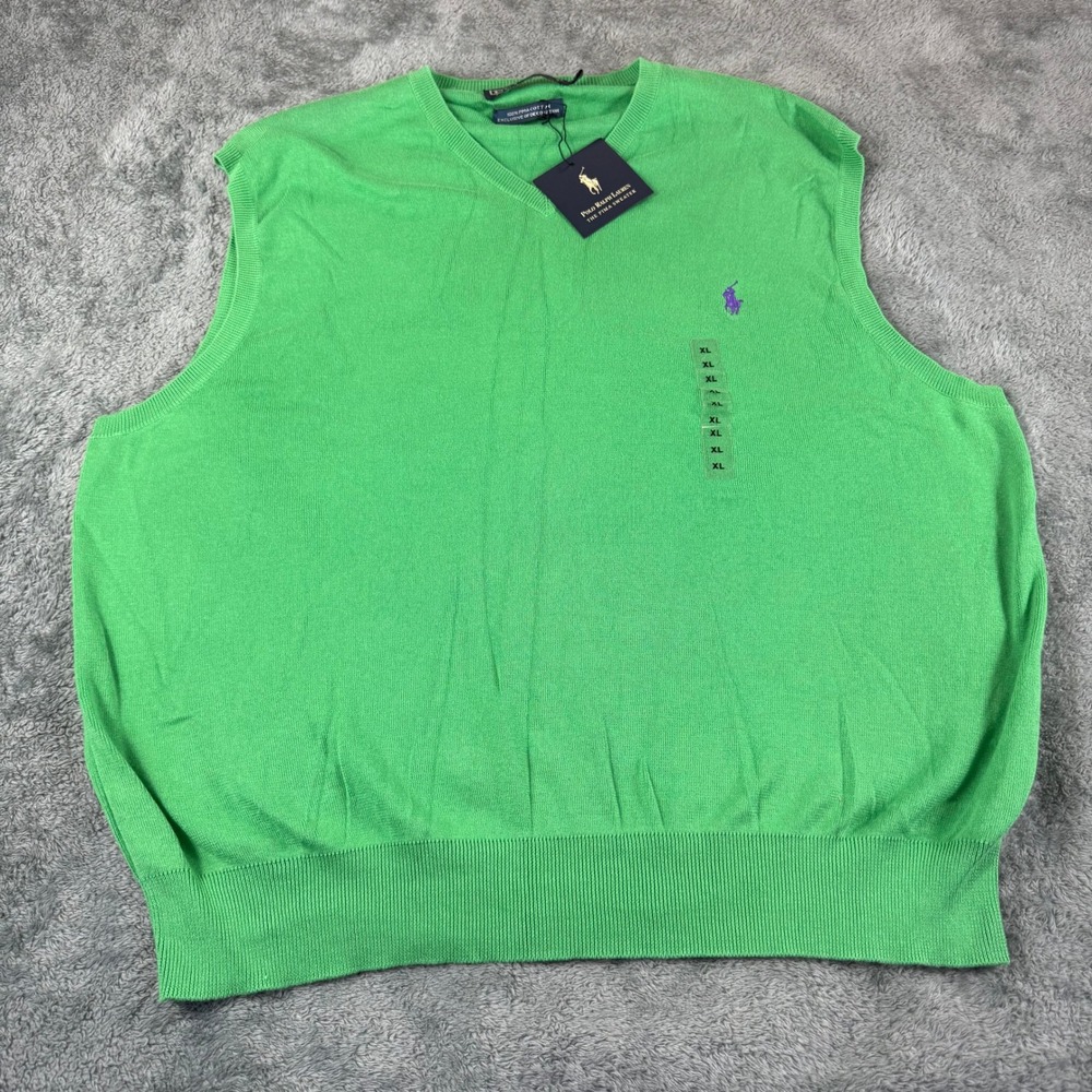 Polo Ralph Lauren Mens XL Green 100% Pima Cotton V-Neck Sweater Vest NWT